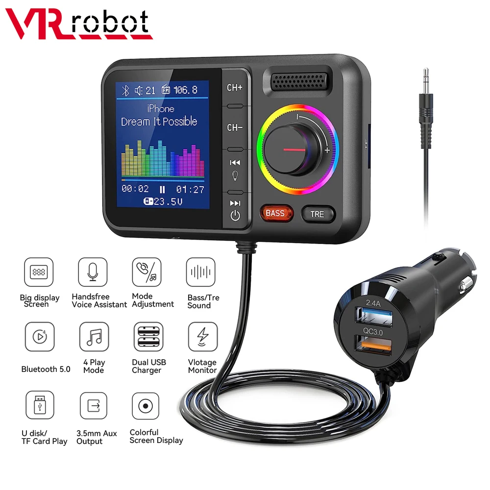 VR Robot Bluetooth 5.0 FM Transmitter Car MP3 Player Adapter Wireless Handsfree Car Kit with Big Screen U Disk TF Card Playback