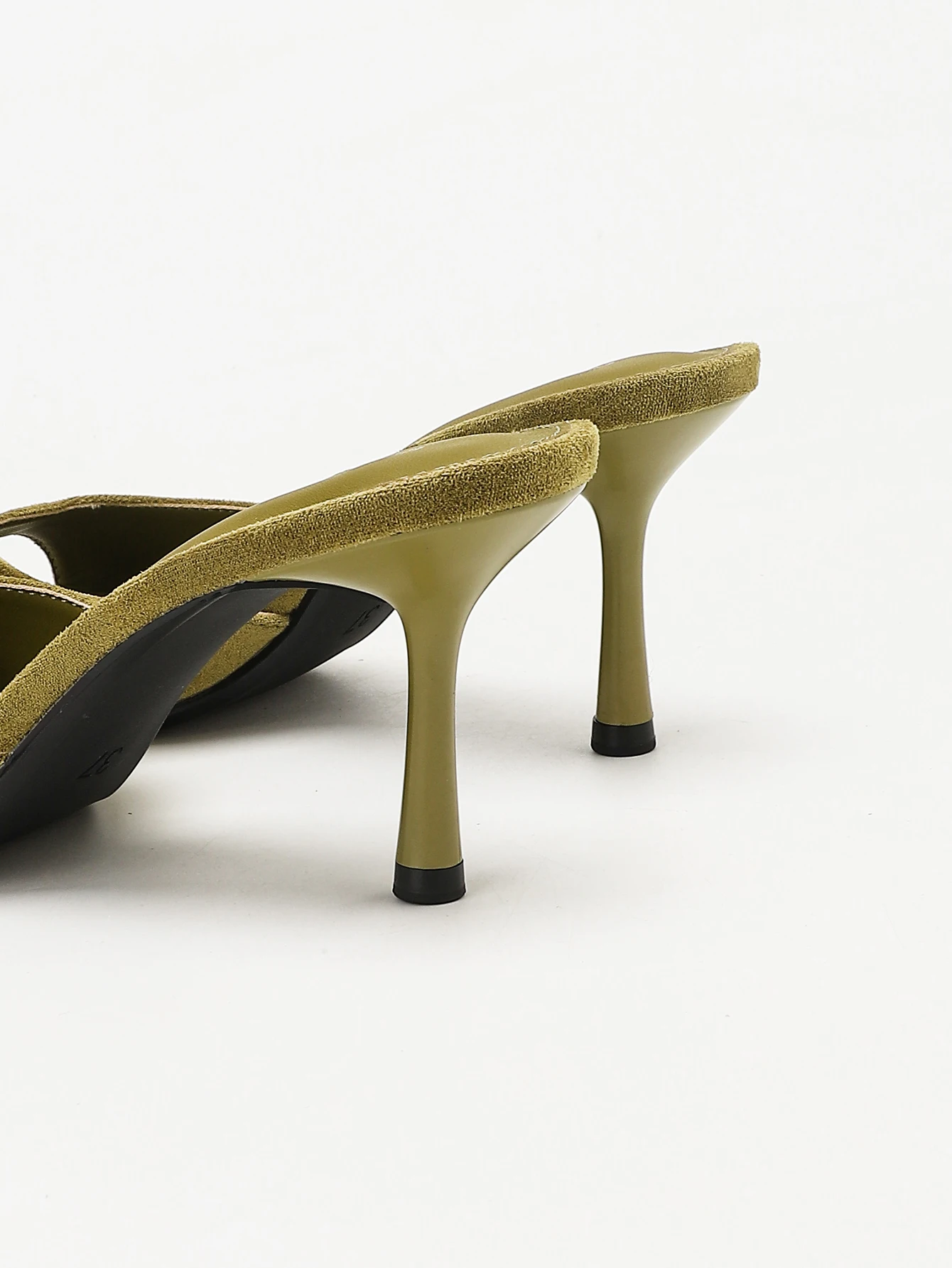 Women's Suede Pointed Toe Stiletto Heel Mules Slippers, Elegant Slip On Open Back Heeled Sandals, Olive Green/Beige, Summer Casu view 5