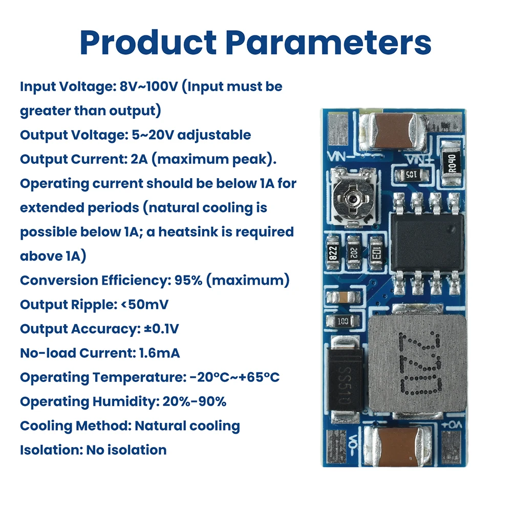 DC-DC Step-down Module 8-100V Input to 5-20V Output Adjustable 2A High Current Efficient Power Converter for Industrial Electron