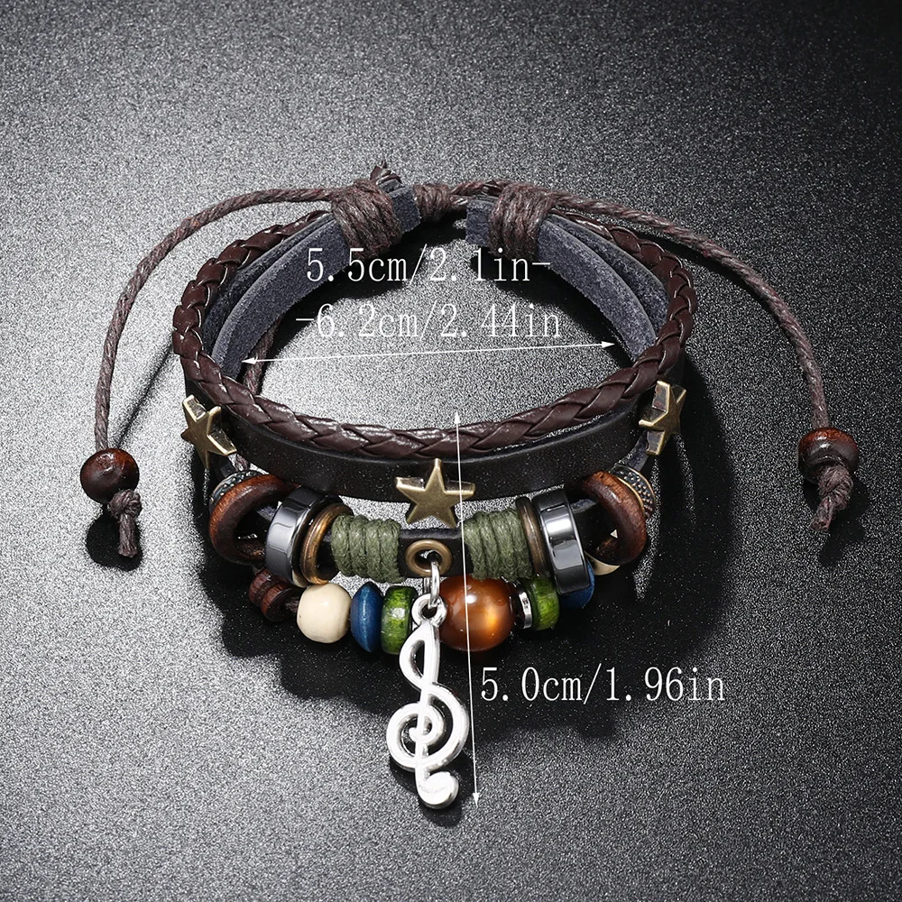 Adjustable Trendy Musical Note Wood Beads Niche Design Leather Gypsy Hippie Bracelet Hand Rope Braided Bracelet Men Bracelet