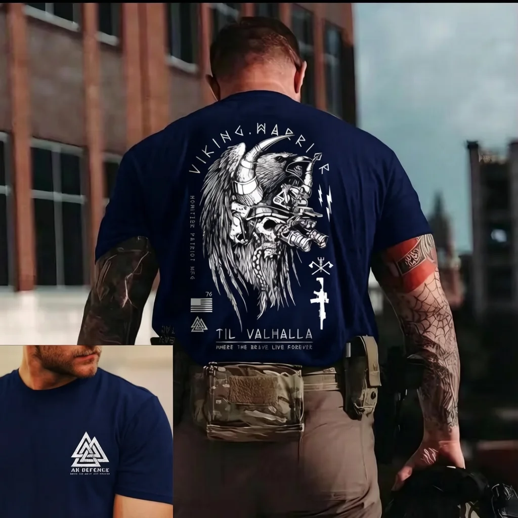 2026 New Tactical Oversized Unisex Streetwear T Shirt Family Matching Viking Warrior Til Valhalla Back Graphic Short Sleeve Tee