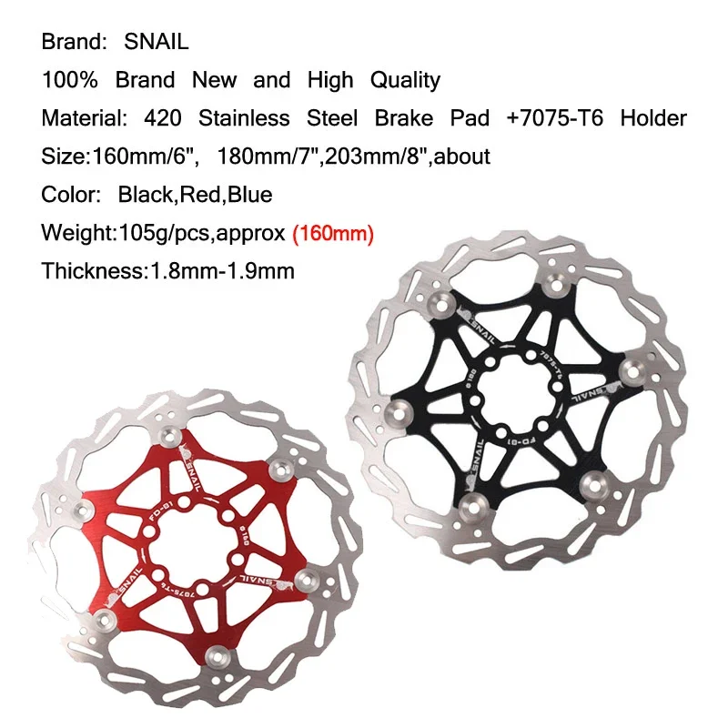 SNAIL Disc Brake Rotor MTB Bicycle Floating Rotor Heat Dissipation 140/160mm Stainless Steel rotor 180/203mm Cycling Accessories