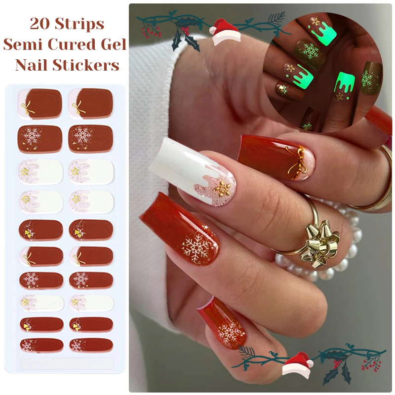 Halloween Lichtgevende Semi Uitgeharde Gel Nail Strip Sneeuwvlok Spider DIY Gel Polish Stickers voor Nagels Werkt met UV/LED nagellampen