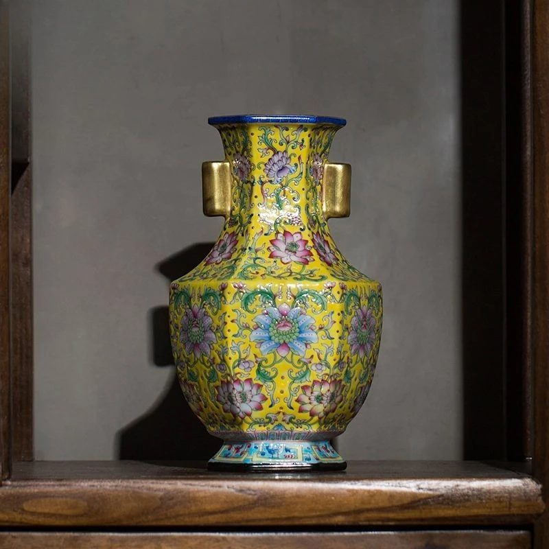 

High-end enamel vase, purely hand-painted yellow land tangled lotus pattern ornament