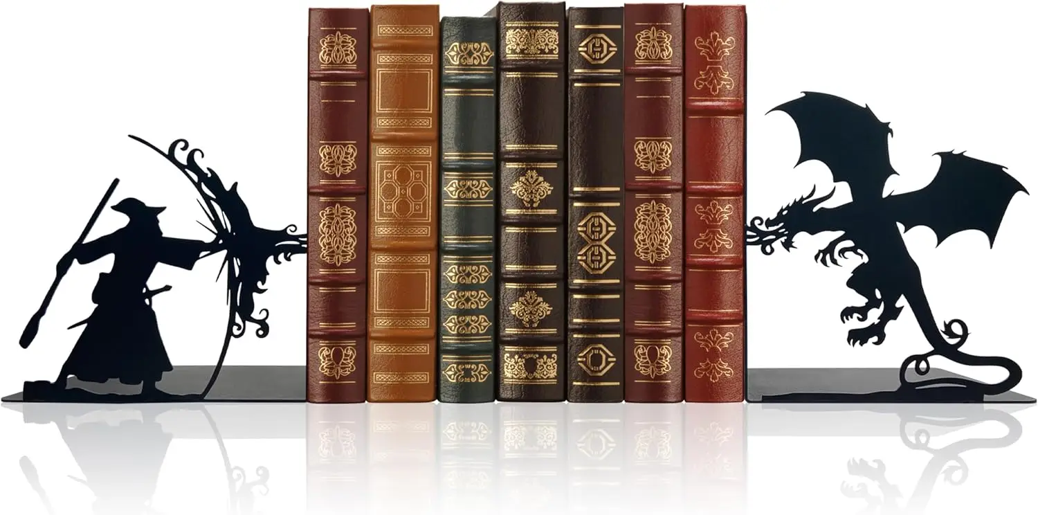 

Lord Decorative Bookends - Epic Fantasy Dragon & Wizard, The Rings Book Ends for Home Library & Office Decor, Fantasy In