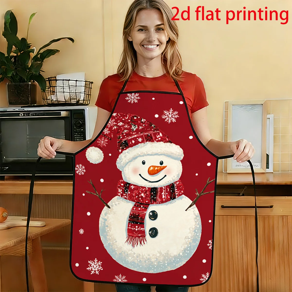 1pc 2D Flat Childish Illustration Style Snowman Snowflake Pattern Printed Apron Durable And Easy To Clean Adjustable Waistband 2