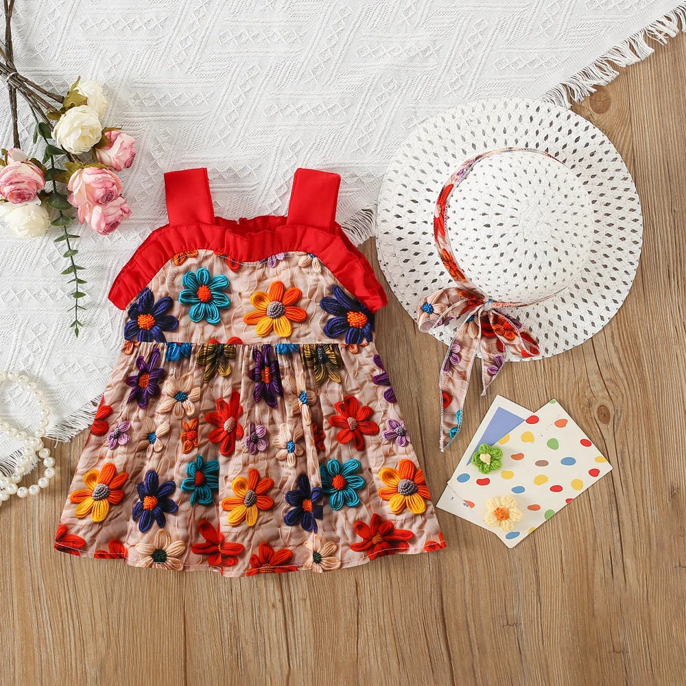 

New Retro Oil Painting Petal Dress For Girls In The Summer Of Korean Version Suspender Cotton Dress With Straw Hat