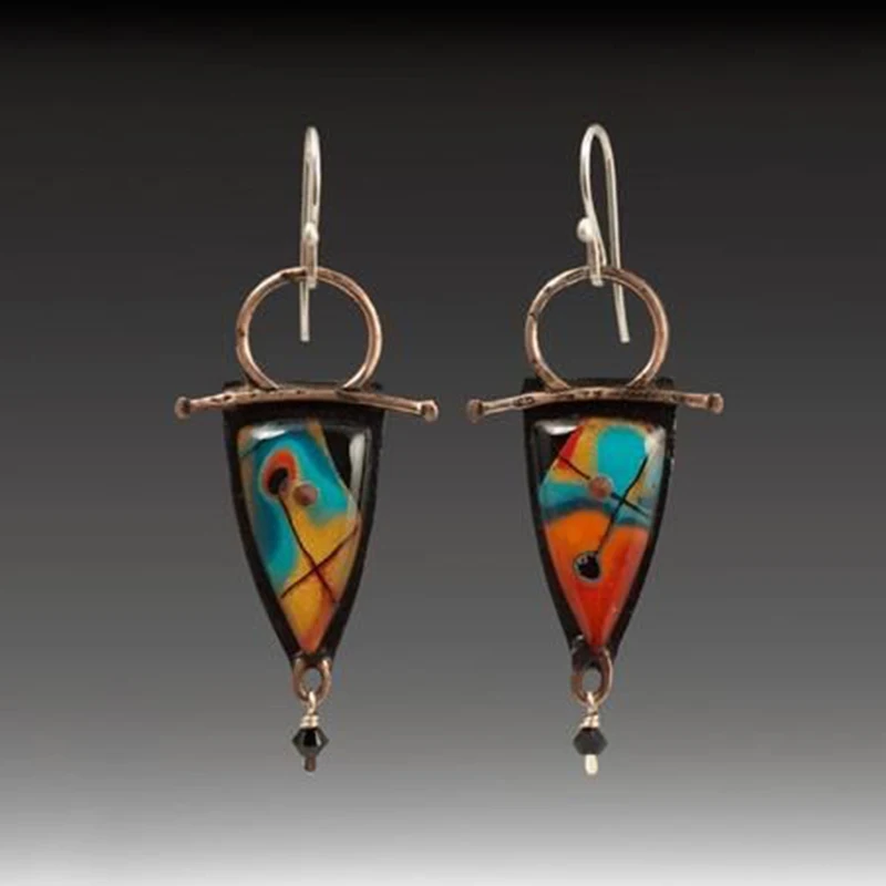 القبلية مثلث اللوحة إسقاط أقراط للنساء ، البرونزية المعادن ، الكريستال قلادة ، Vintage مجوهرات