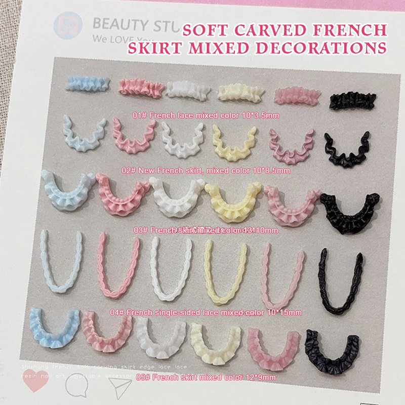

30PCS Mixed Colors Soft 3D Resin French Nail Art Lace Trim Skirt Hem Charms Accessories For Manicure Nails Decoration Supplies