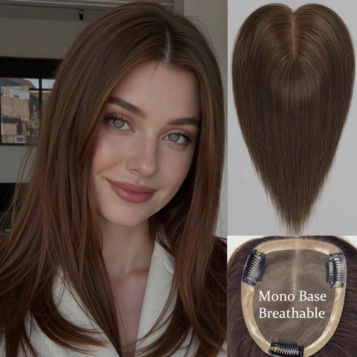 أغطية شعر متينة 100% شعر بشري ناعم بمشابك قاعدة أحادية وبولي يوريثان على نظام قطع الشعر القابلة للتنفس تغطي الشعر الرمادي أو الرقيق