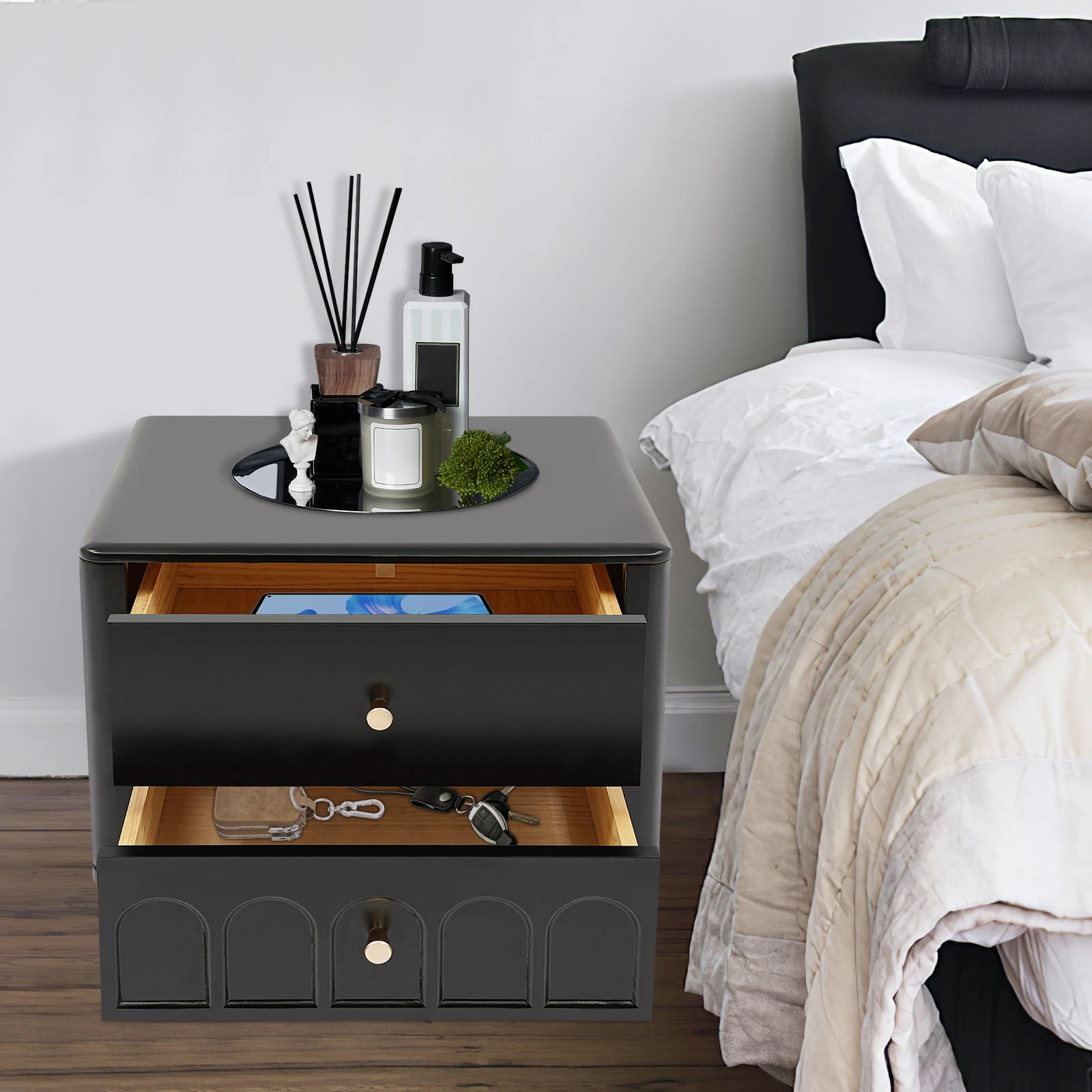 Retro Bedside Table End Table for Bedroom or Living Room Bedside Table with 2 Drawers