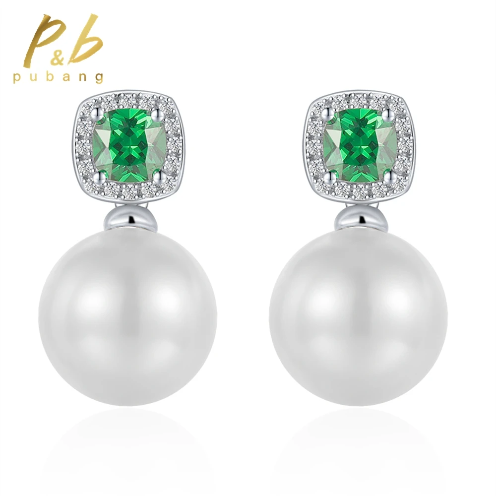 

PuBang Fine Jewelry Real 925 Sterling Silver Freshwater Pearl Emerald Gemstone Cocktail Drop Earrings for Women Anniversary Gift