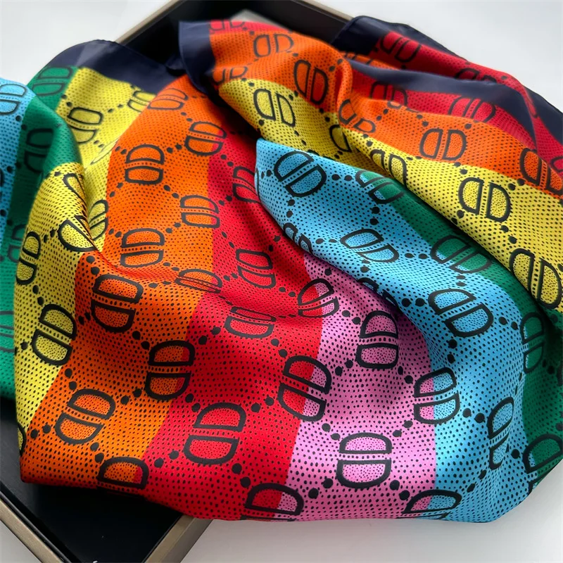 2024 Korean Rainbow Silk Square Scarf Women Print Satin Shawl Wrap Hijab Female Bind Hair Band Wrist Luxury Headkerchief 70*70cm