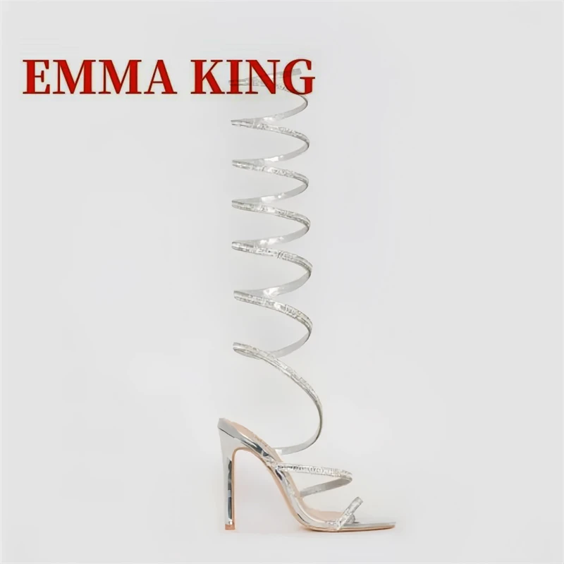 

Модные женские сандалии-гладиаторы со стразами, на высоком каблуке, с открытым носком, летние, до колена, для вечеринок