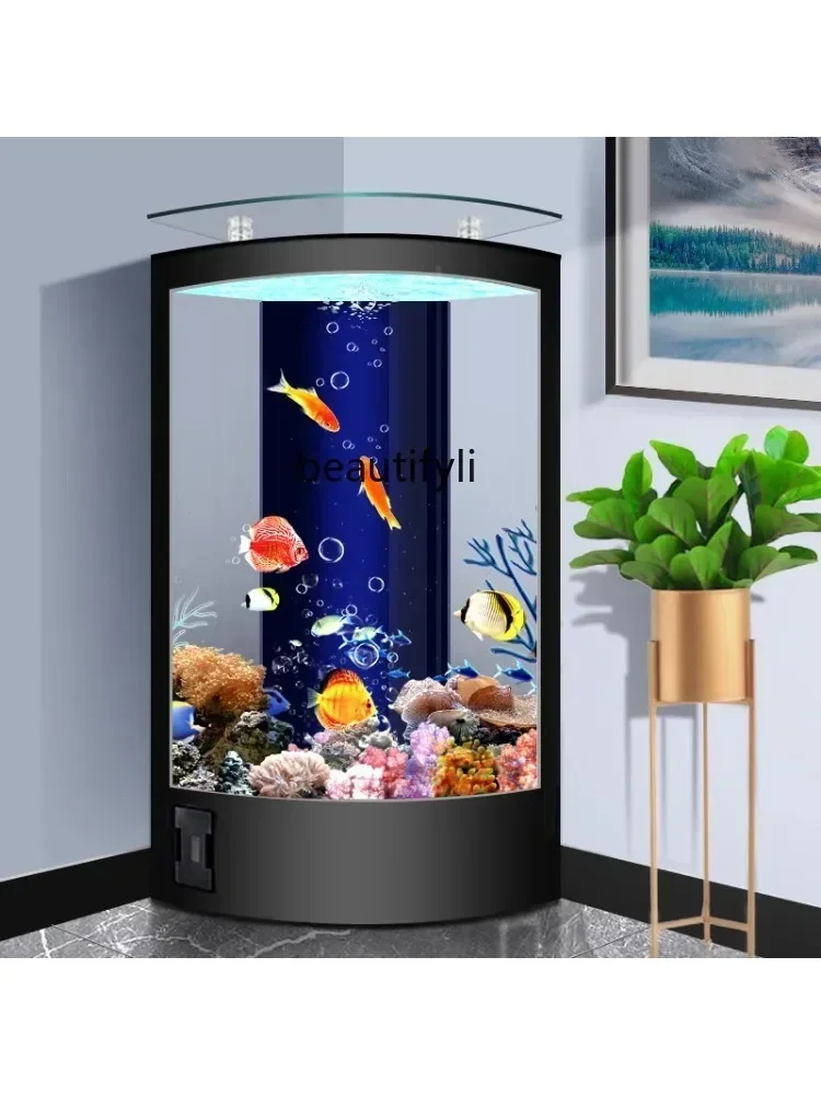 New Fan-Shaped Fish Tank Living Room Home Floor-to-Wall Aquarium Triangle Glass Ecological Fish Globe Back Filter