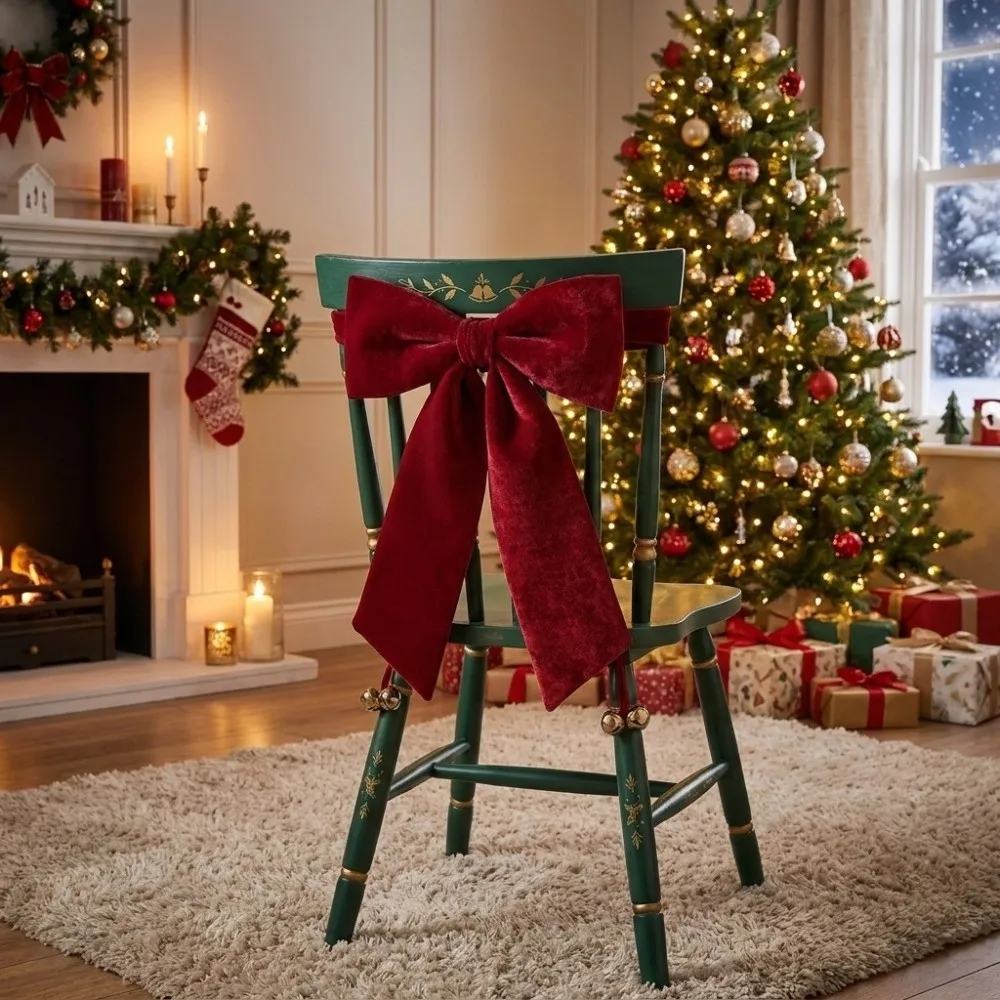Velvet Bow Chair Cover Elastic Ribbon DIY Christmas Chair Bows Reusable Elegant Design Ribbon Bow Chair Sashes Christmas Decor
