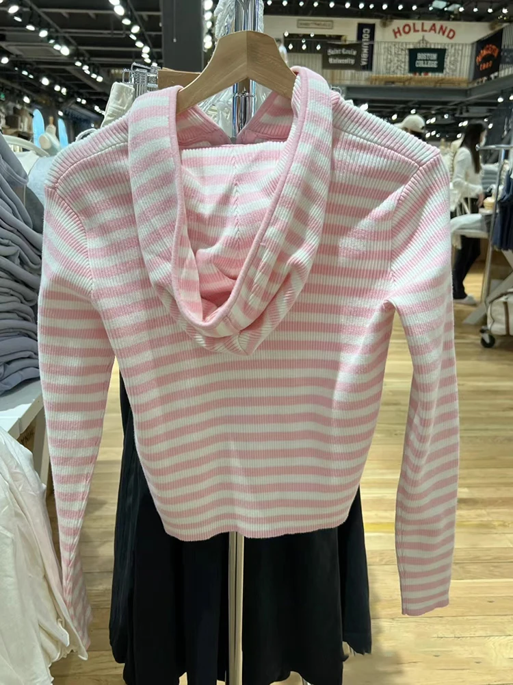 Pink Striped Zipper Knitted Cardigan Women Y2k Harajuku Cotton Ribbed Autumn Slim Crop Top Vintage Sweet Hooded Cropped Sweaters