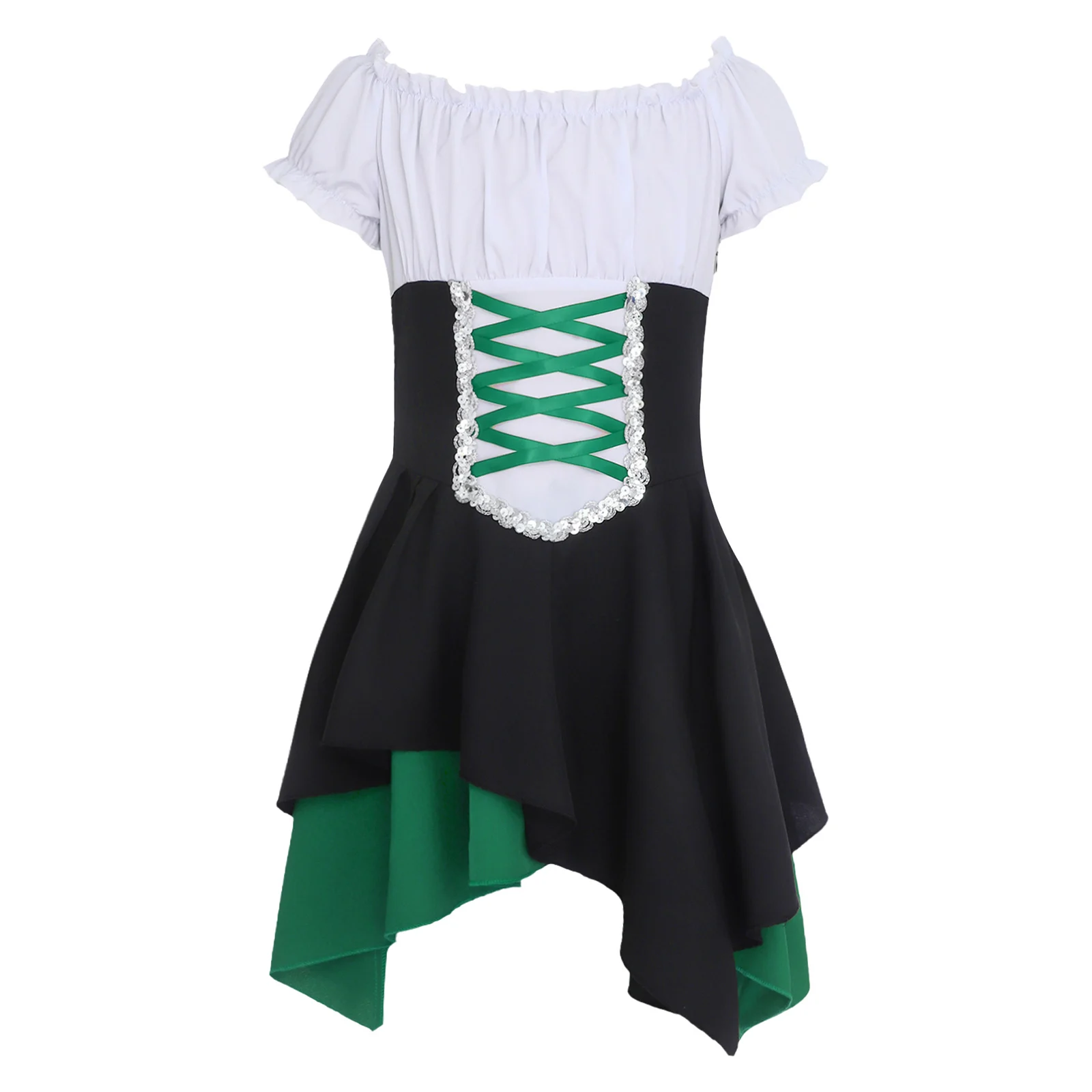 

Girls Medieval Renaissance Princess Halloween Dress Carnival PartyCosplay Costume Short Sleeve Ribbon Decor Zipper Ruffled Dress