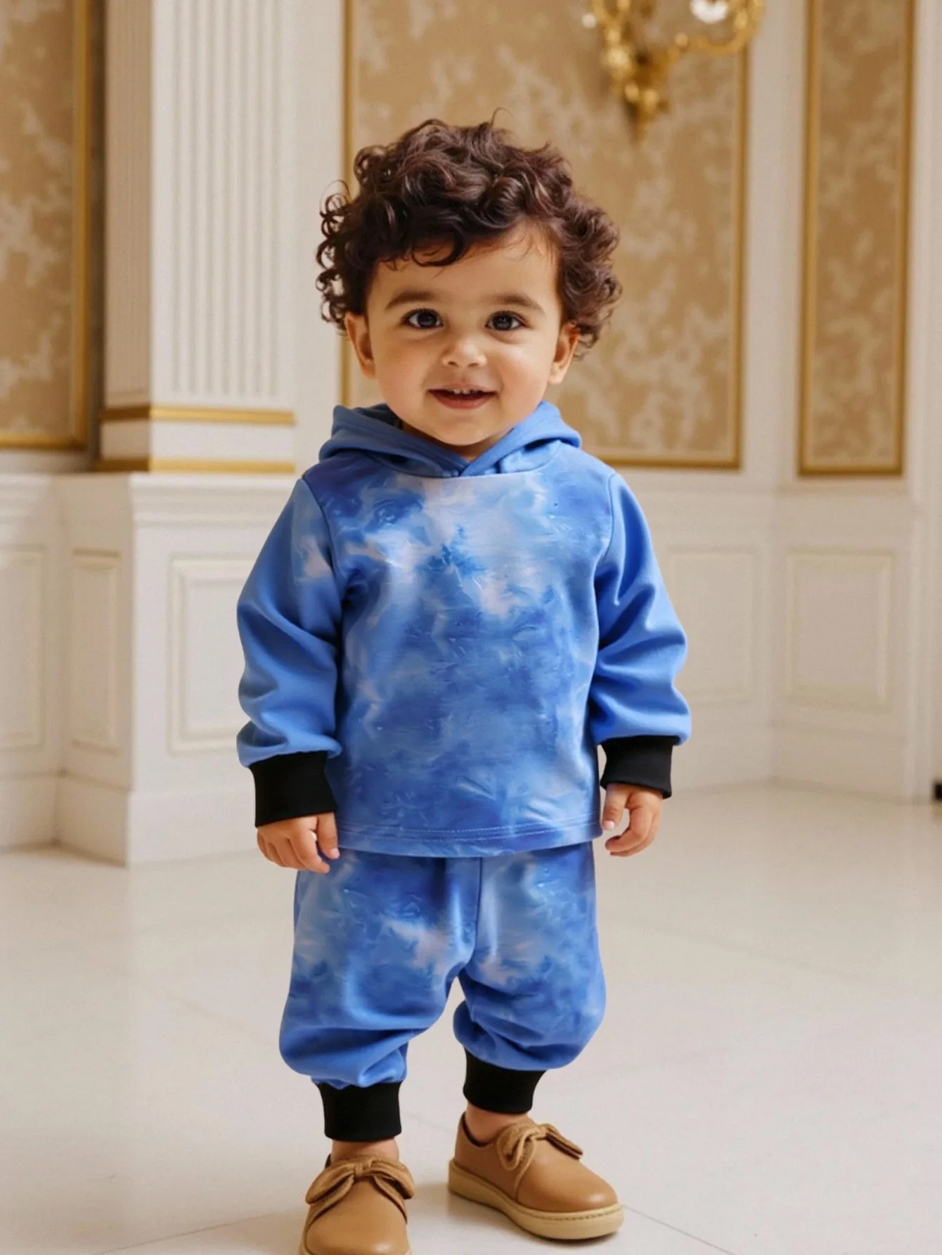 Two piece spring and autumn baby boy fashion casual tie dyed hooded long sleeved pullover and tie dyed pants set