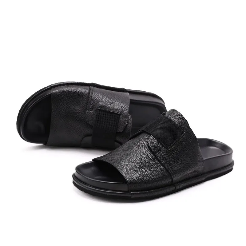 Super Trendy Men's Outdoor Cowhide Slippers Summer Breathable Youth Leather Sandals Fashionable Trendy Beach Flip Flops