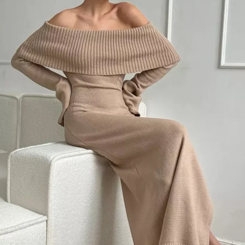 

DSMTRC Autumn Winter Elegant Slash Neck High Waist Split Maxi Street Dresses Knitted Sweater Long Flare Sleeved Dress For Women