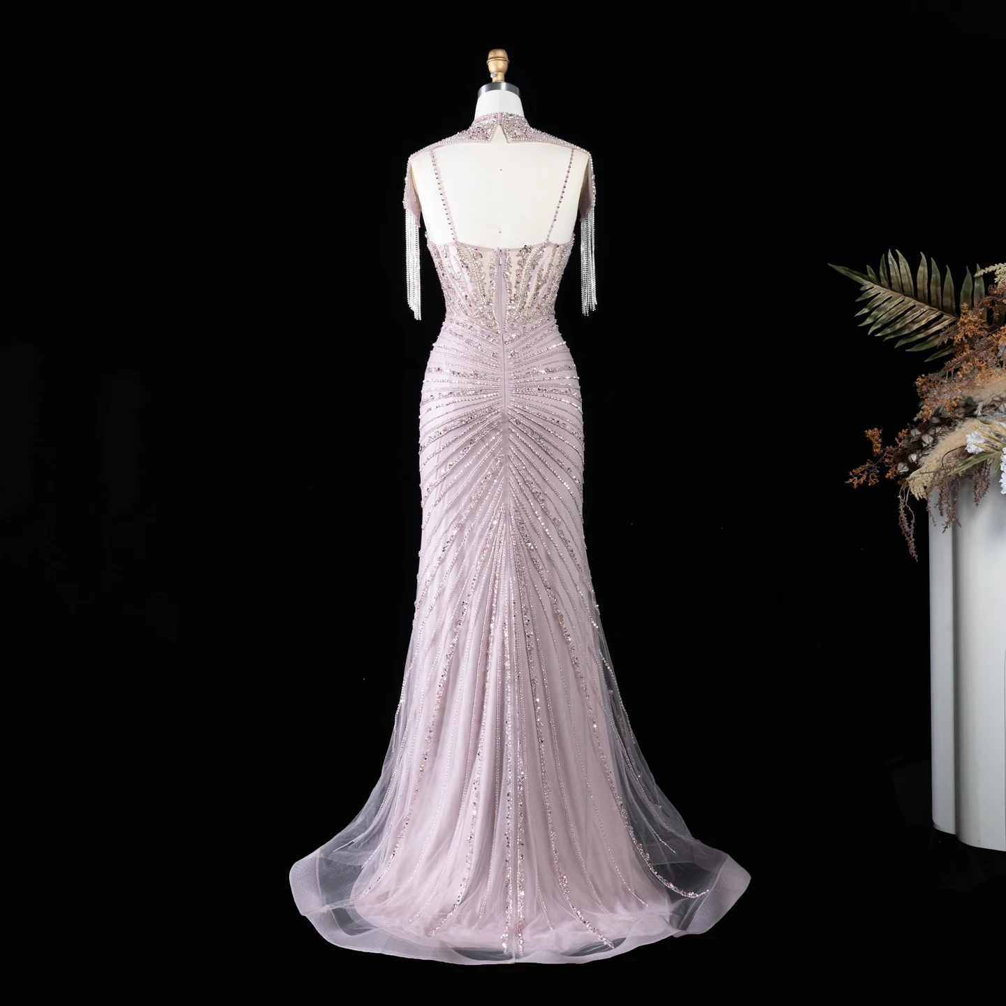 Sharon Said Luxuriöses Champagner-Abendkleid mit Quastenumhang, Diagonalen Strasssteinen, Meerjungfrauen-Schnitt, für formelle Anlässe und Partys, SS184, Maßanfertigung – Detail 19