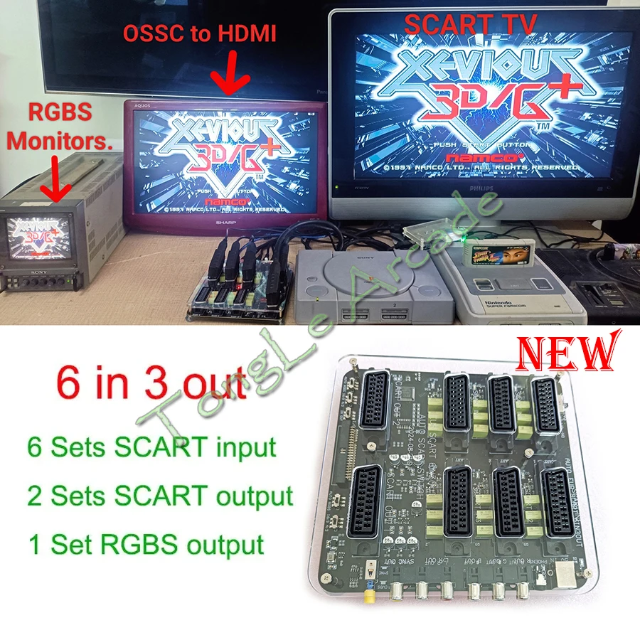 Mini EUR Scart Distributor, Acrylic Case, 6 Input, 3 Output, Full Automatic, RGBS Video Converter for Md/SFC/ps123/ss/DC/Xbox