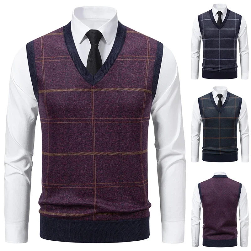 Men's V-neck Knitted Sweater Warm Autumn Winter 2026  Casual Fashion Diamond Grid Twisted Flower Design Versatile Top