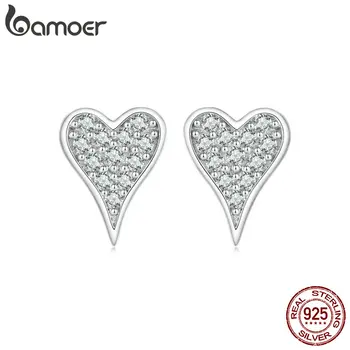 BAMOER Platinum Plated Heart CZ Kolczyki sztyfty 925 Sterling Silver Hipoalergiczne klasyczne eleganckie kolczyki Biżuteria modowa