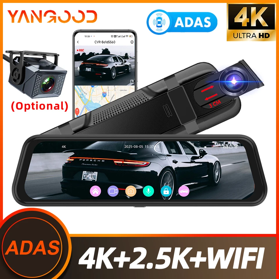 

Yangood Dashcam 4K Mirror Dual Channel 9.66 Inch IPS Touch screen Car DVR Camera 2.5K ADAS Loop recording 24H Marking Monitoring