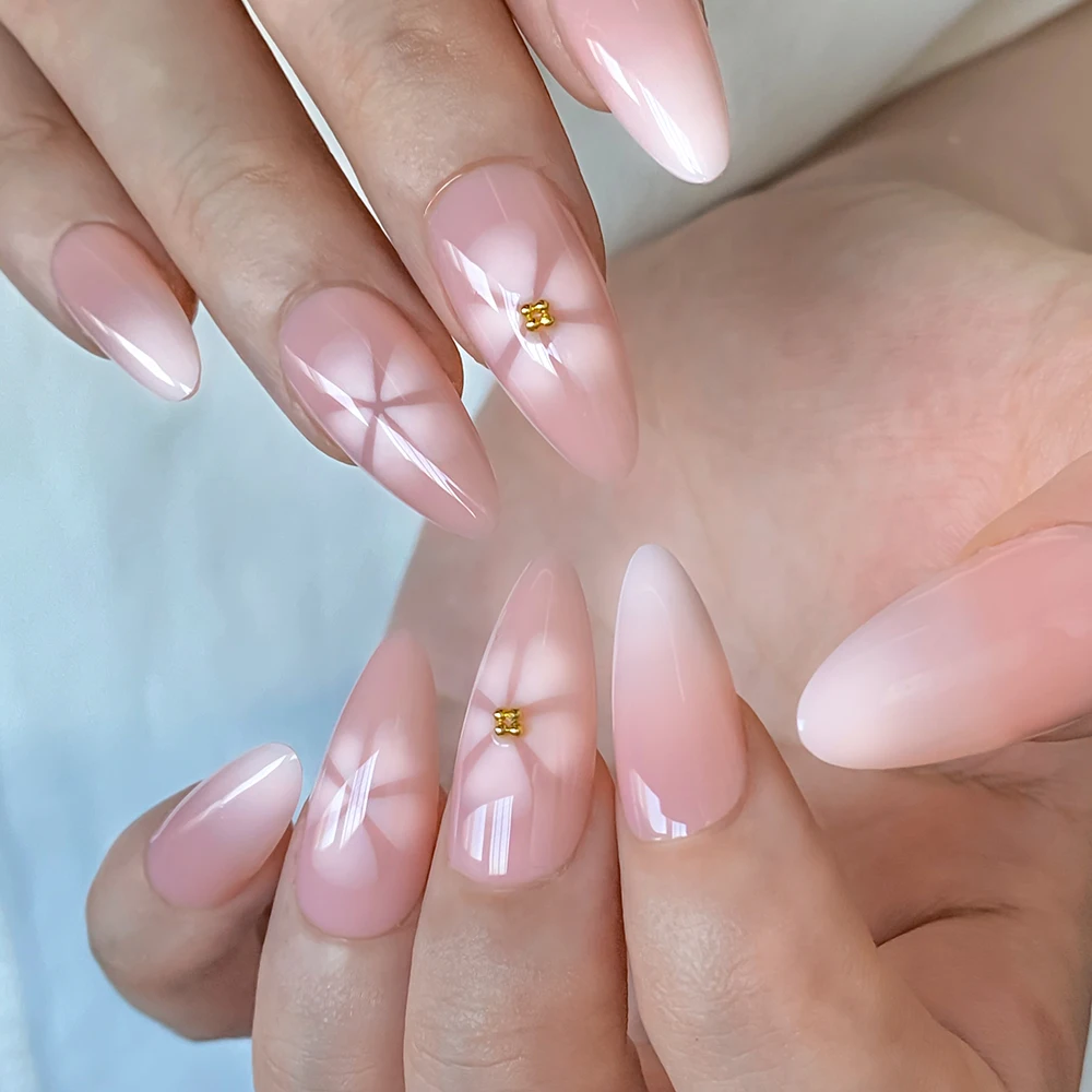 24 Uds. De uñas postizas de Ballet con gradiente blanco, color rosa desnudo, almendra, flores brancas y borrosas, colorete, limón, brillo, uñas postizas