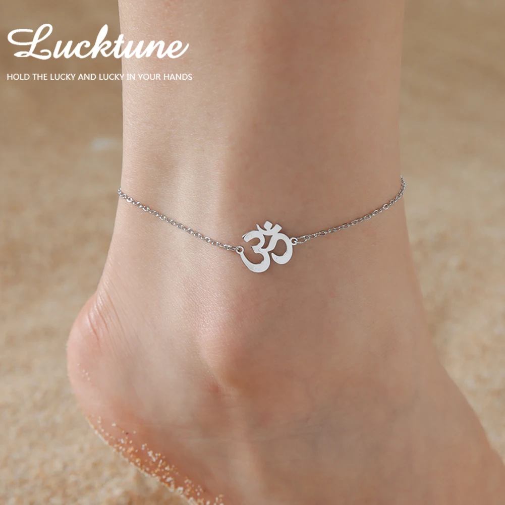 Lucktune Buddhism OM Yoga Symbol Pendant Anklets for Women Stainless Steel Hindu Chakra Amulet Foot Chain Beach Summer Jewelry