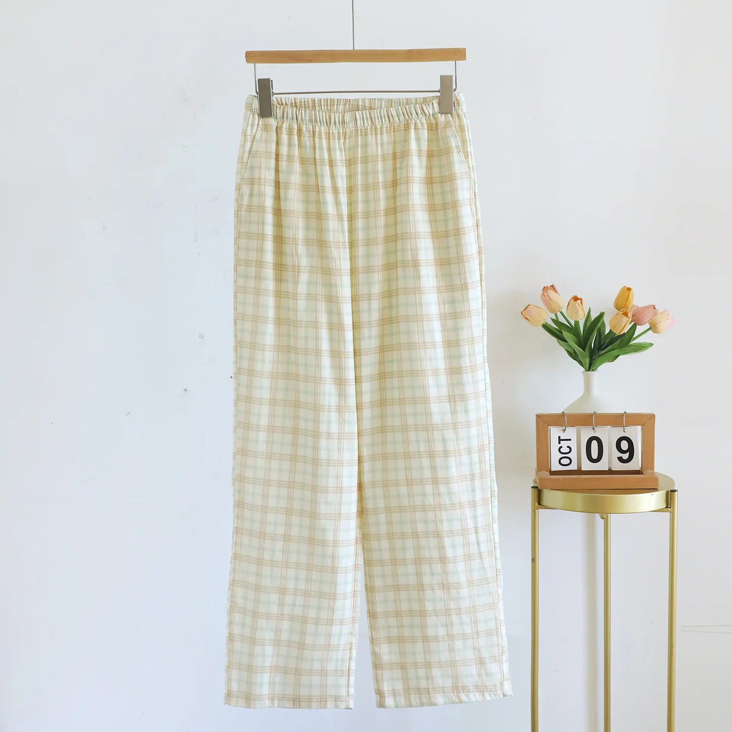 2026 Neue Japanische Damen-Freizeithose für Frühling und Herbst aus Baumwollgaze mit Karomuster, Lässige Frische Haushose für Damen – Detail 3