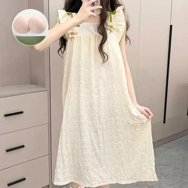 Casual Sleeveless Sling Summer Lady Pajamas Women Solid Colour Camisole Nightgowns Girls Cute Flower Chest Pad Sleepshirts