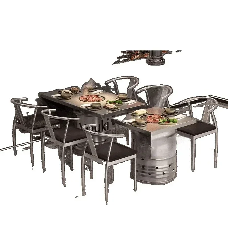 Industrial Korean stainless steel barbecue oil drum induction cooker hot pot tables and chairs