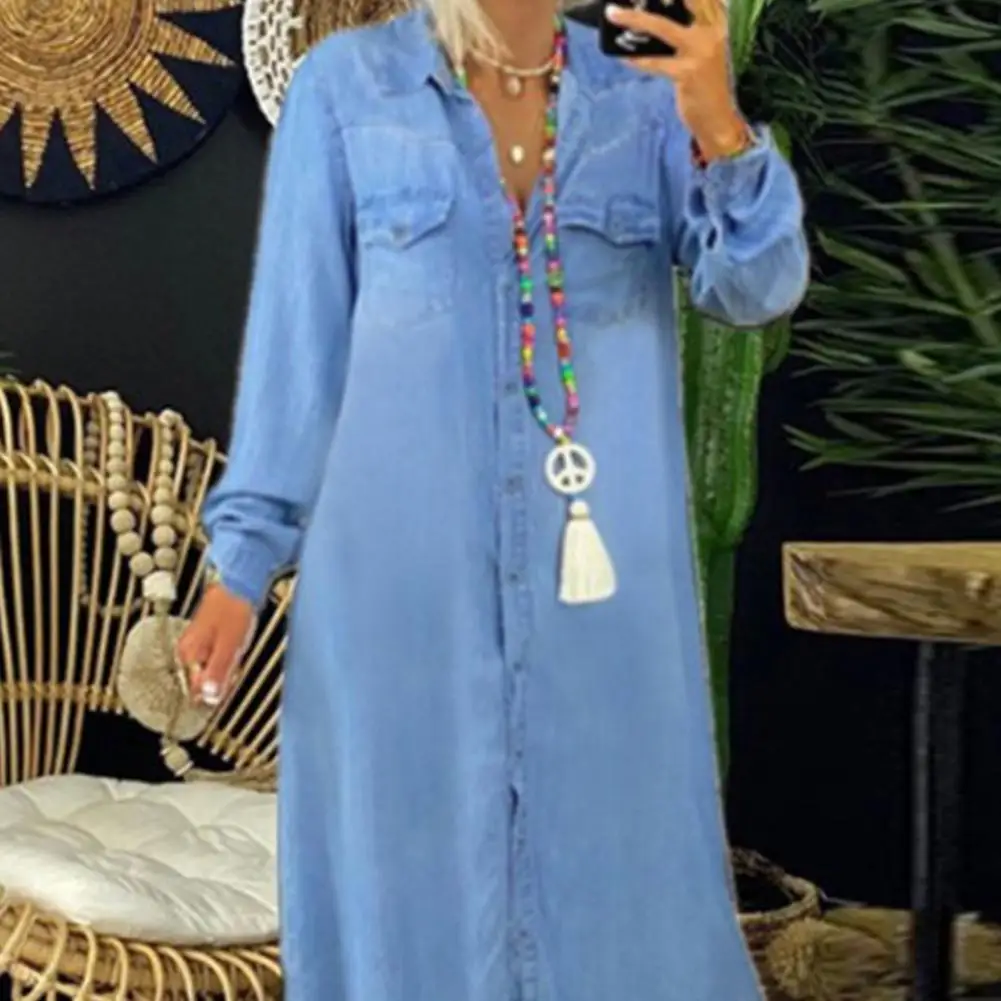 

Fall Spring Lady Dress Single-breasted Lapel Loose Long Sleeves Chest Pocket Split Hem Dress Solid Buttons A-line Maxi Dress