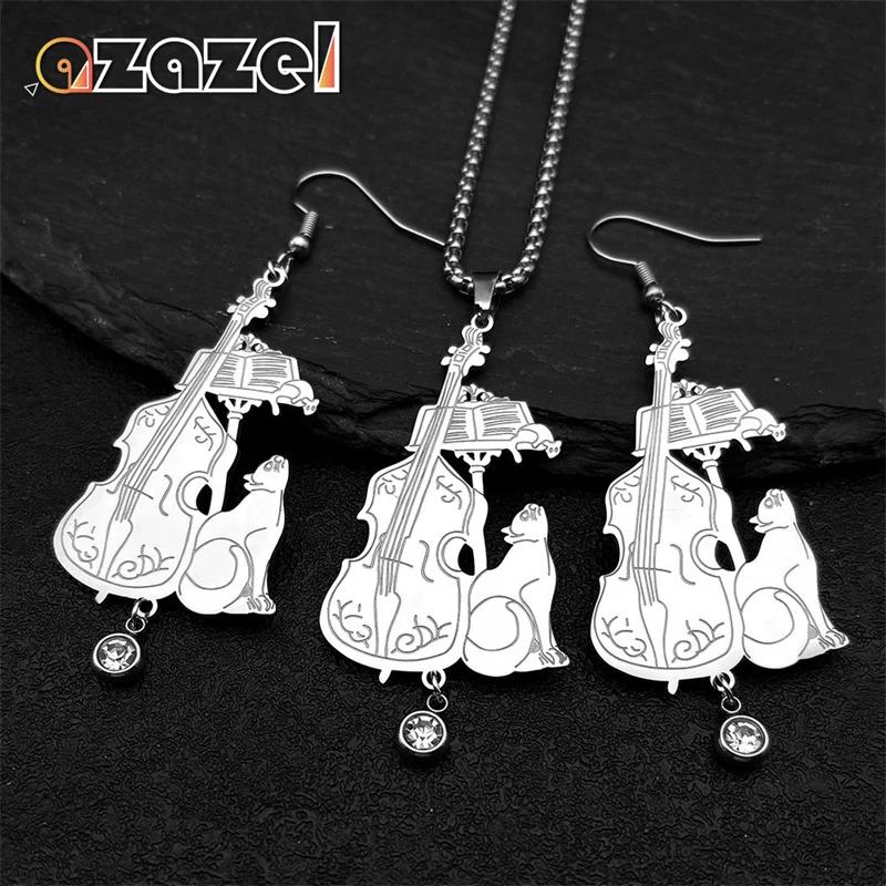 Rhinestone Stainless Steel Music Cello Cat Pendant Necklaces Earrings for Men Women Animal Musical Christmas Gift Jewelry Set