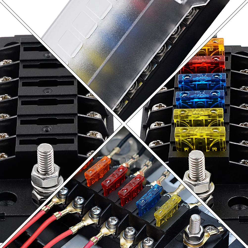 

Car Fuse Box 6 Ways Flame Retardant Pa66 Material Nickel Plated Copper Clips Double Fuses Self Tapping Screw Mounting