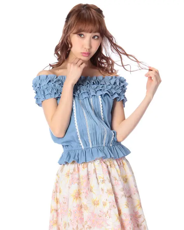 Sales Japan Liz Lisa Cotton Denim Crepe Lace stringy selvedge Slash neck Tee Short Sleeve Shirt