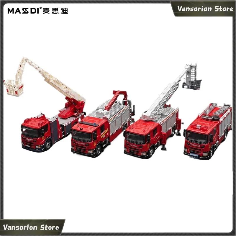 MASSDI 1 64 Scale Fire Truck Alloy Model Simulation Rescue Aerial Ladder Foam Fire Engine Collection Display Vehicle