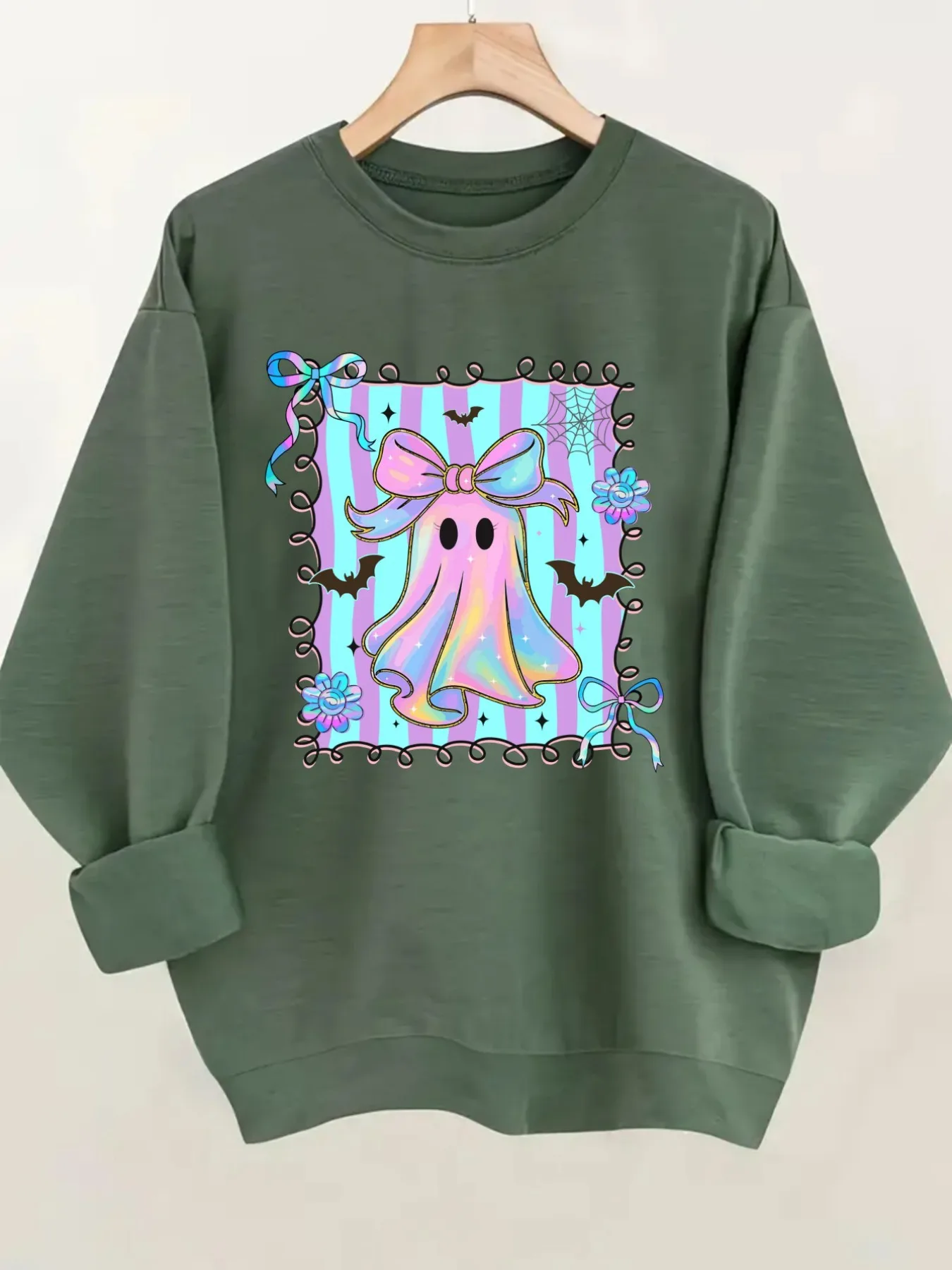 Women's Crewneck Pullover Sweatshirt Cute Ghost Print Design, Soft Casual Long Sleeve, Daily Casual Top Outfit, Winter Women's Clothing, Halloween Costume Outfit