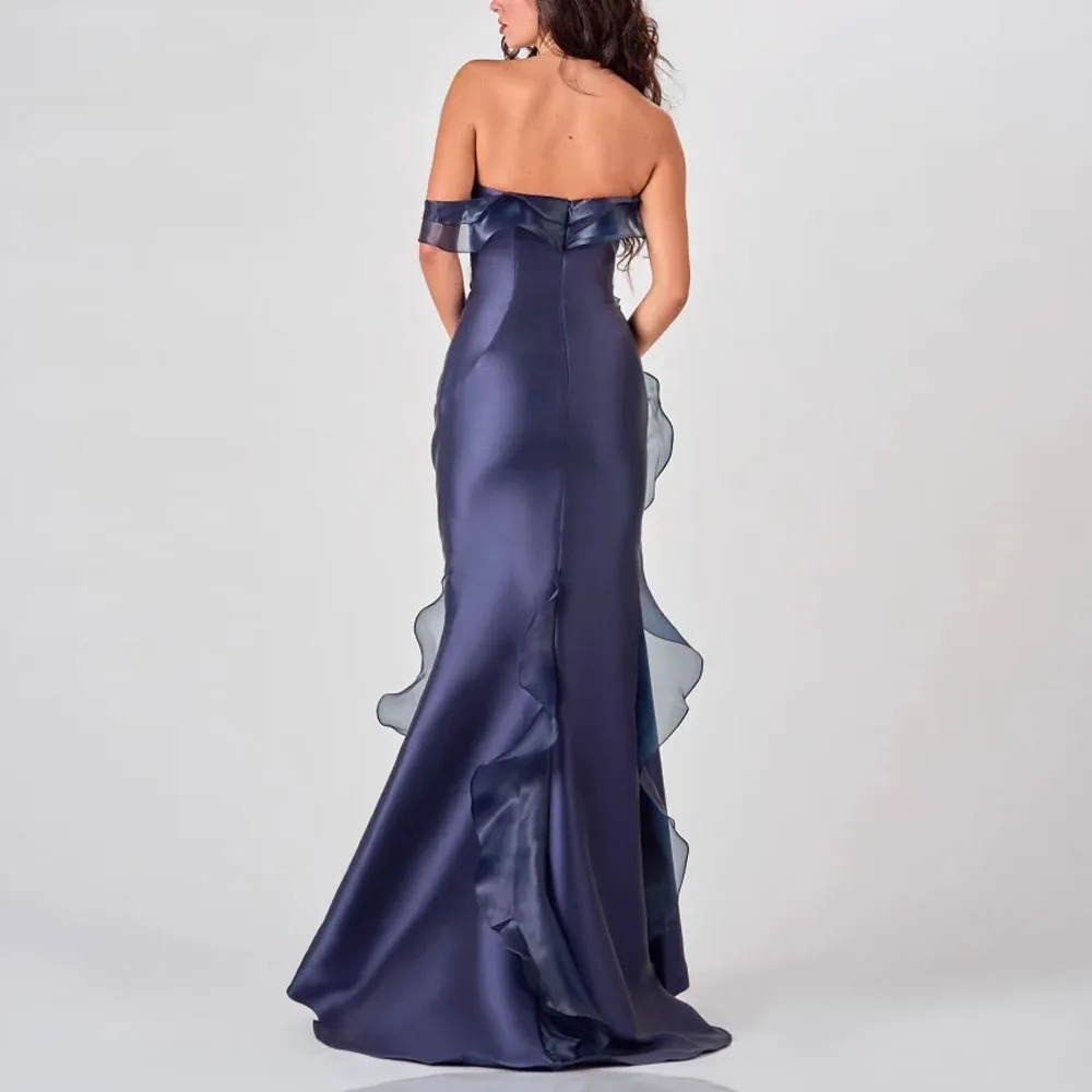 Customized Flower Evening Dresses with Split Sweetheart Ruffles Formal Gown Navy Blue Satin Wedding Guest Outfits