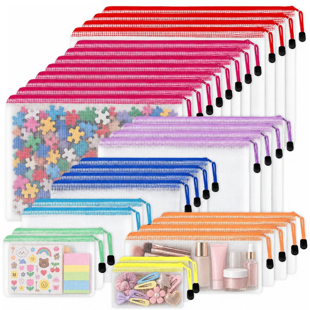 30PCS Mesh Zipper Storage Pouches, 8 Sizes 8 Colors, Multipurpose Organizer Bags for Documents, Stationery, Makeup and Travel