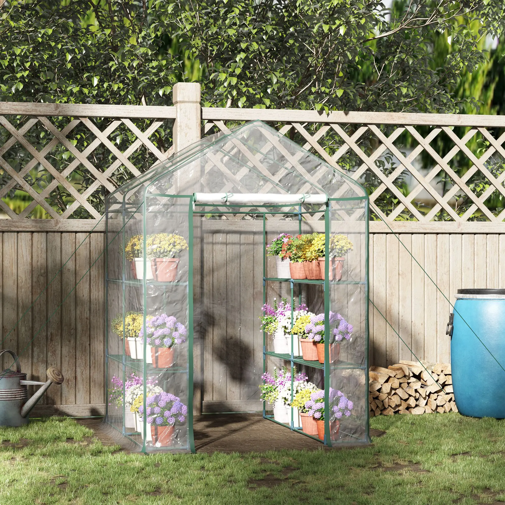 56" x 56" x 77" Portable Walk-In Greenhouse w/3-Tier Shelves & Roll Up Door
