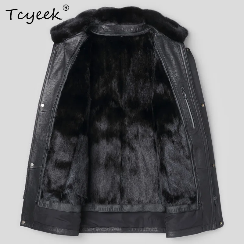 

Tcyeek куртка из натуральной козьей кожи, мужская одежда, пальто из натурального норкового меха, деловые повседневные мужские пальто, съемная подкладка, 2025 г.
