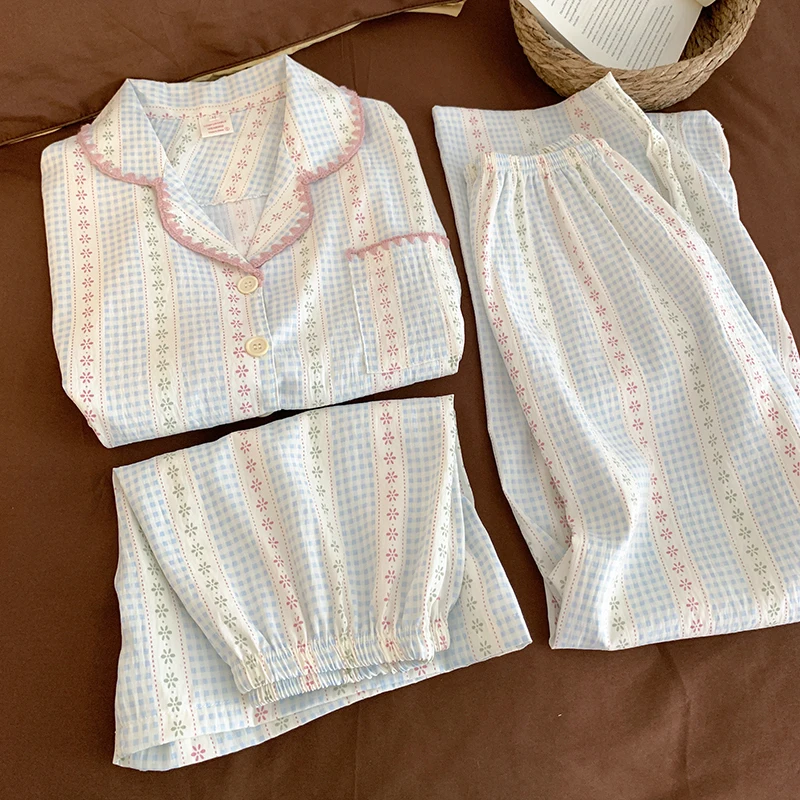 Spring Autumn Blue Checkered Floral Print Women's Pajamas Set Korean Casual Sleepwear Homewear Short Sleeve 3 Piece Pajamas Set