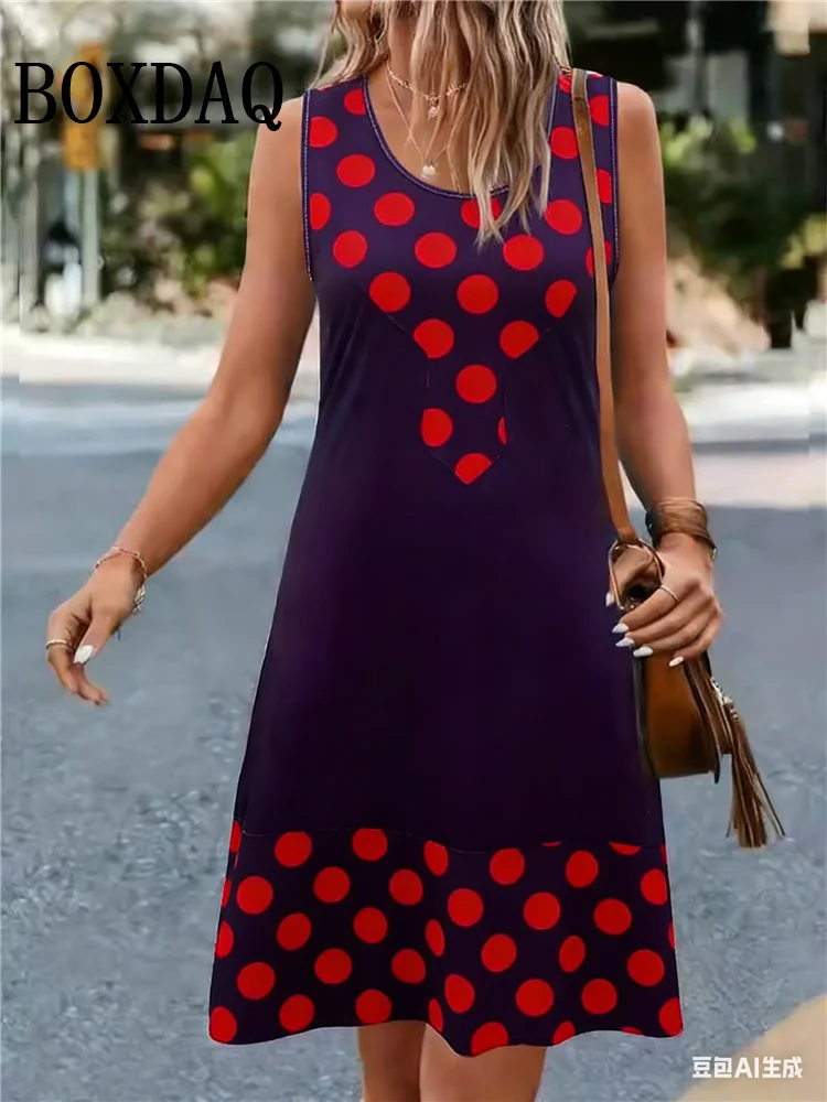 

Женское летнее повседневное платье без рукавов в стиле ретро с принтом в горошек, свободное пляжное платье-сарафан с круглым вырезом, женская одежда, Vestidos