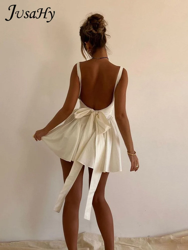 JusaHy Women New White Sweet &High Streetwear Backless Halter Strap Bowknot A-line Dresses Chic Sweet Hot Party Mini Dress 2023