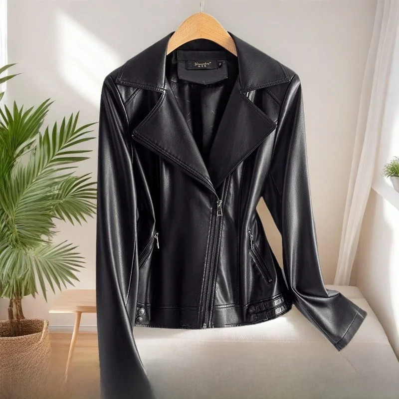 

Новая модель женской приталенной куртки-косухи из овечьей кожи для весны и осени, модная ветровка для повседневной носки, дизайн с молнией.