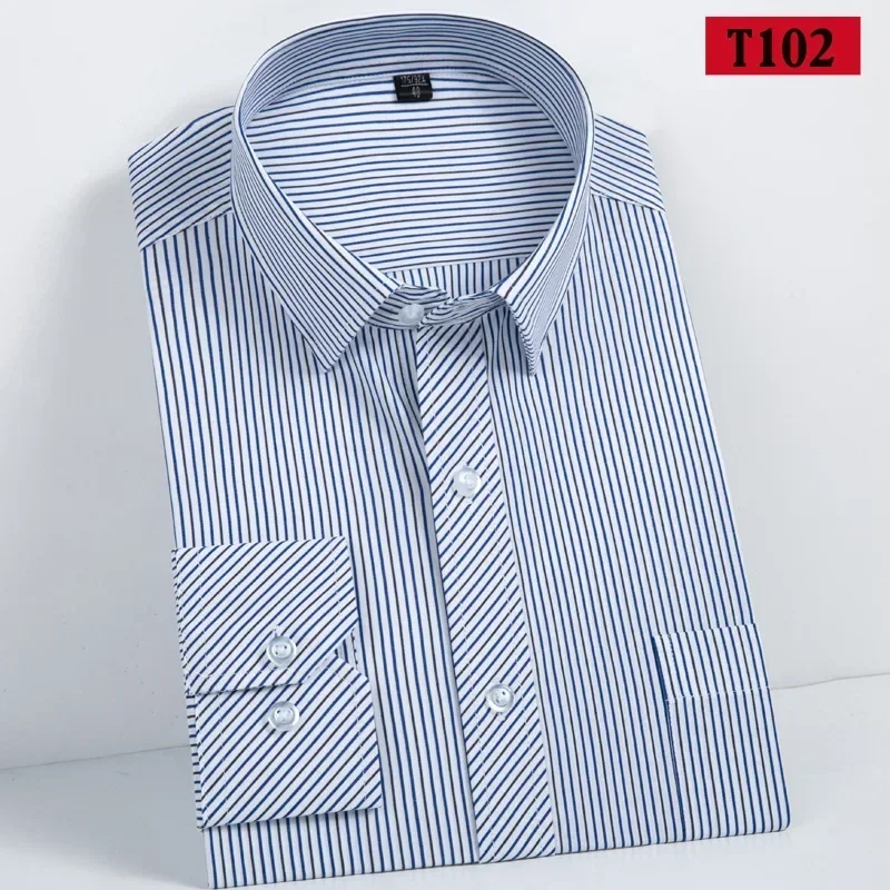 Men\'s 100% pure Cotton Long Sleeve Solid/striped Basic Dress Shirts Single Patch Pocket Formal  Regular Fit Office  Shirt